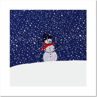 Snowman on a Snowy Hill Posters and Art